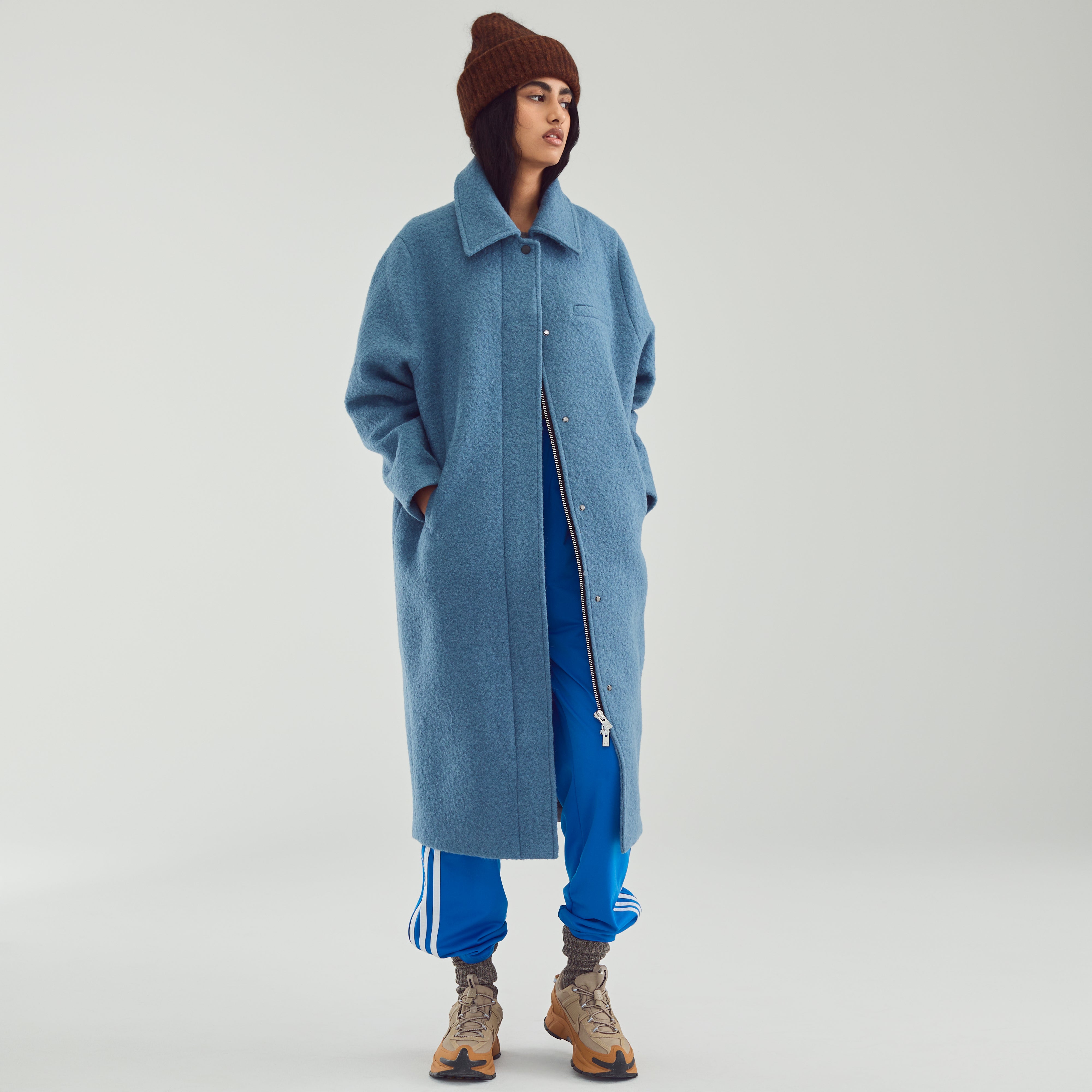 Collar Zip Curve Coat Med Blue