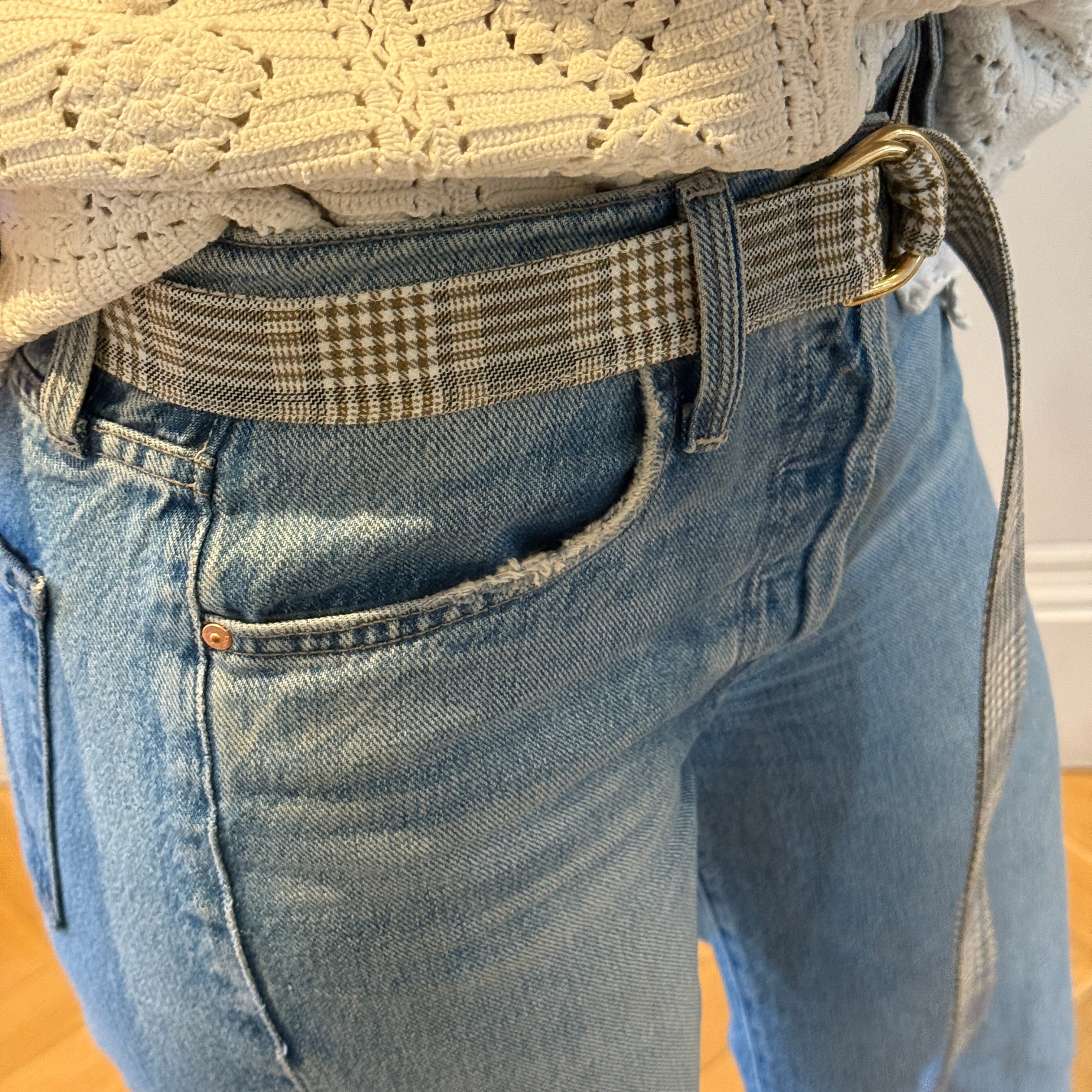 The Salvaged Belt in Cream Plaid