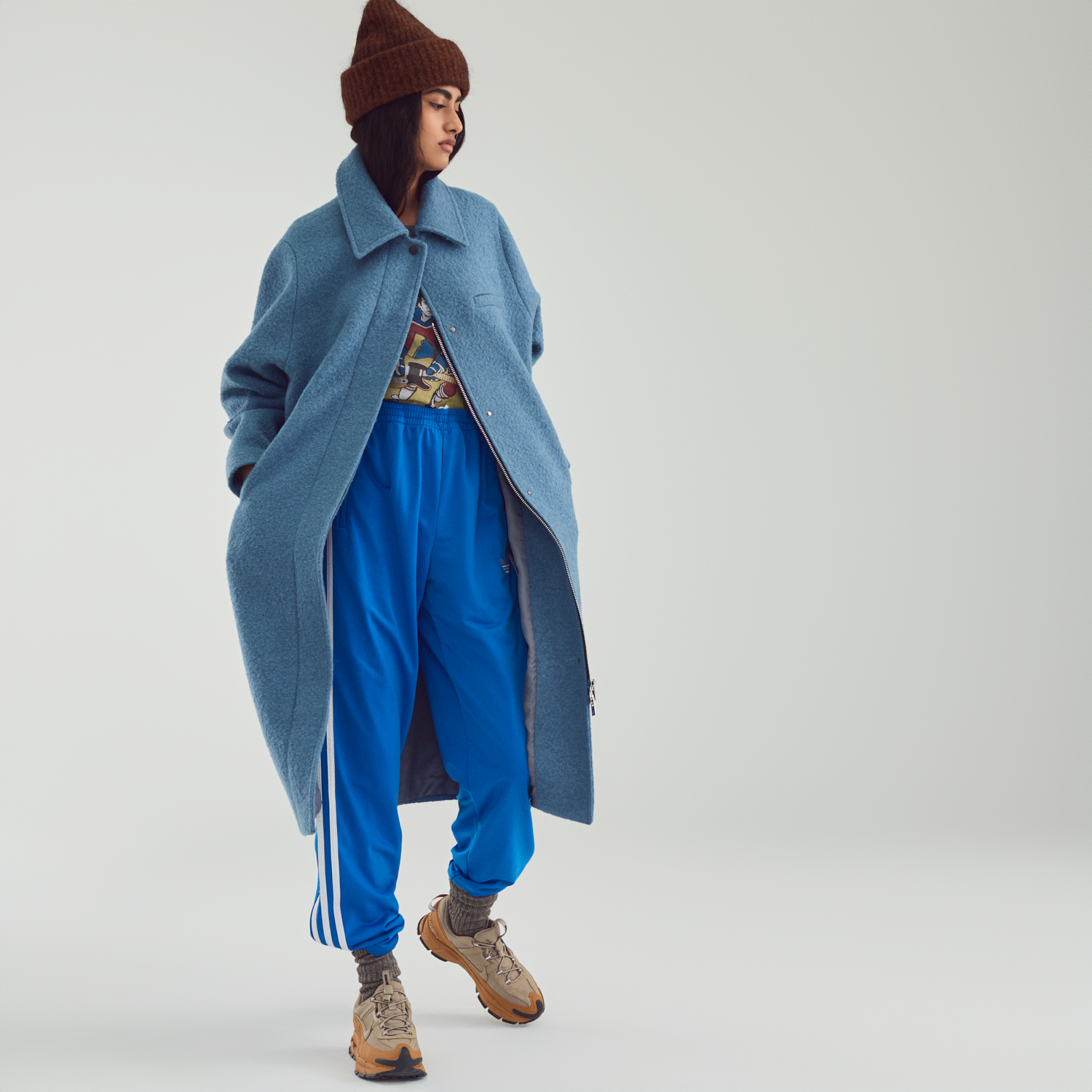 Collar Zip Curve Coat Med Blue