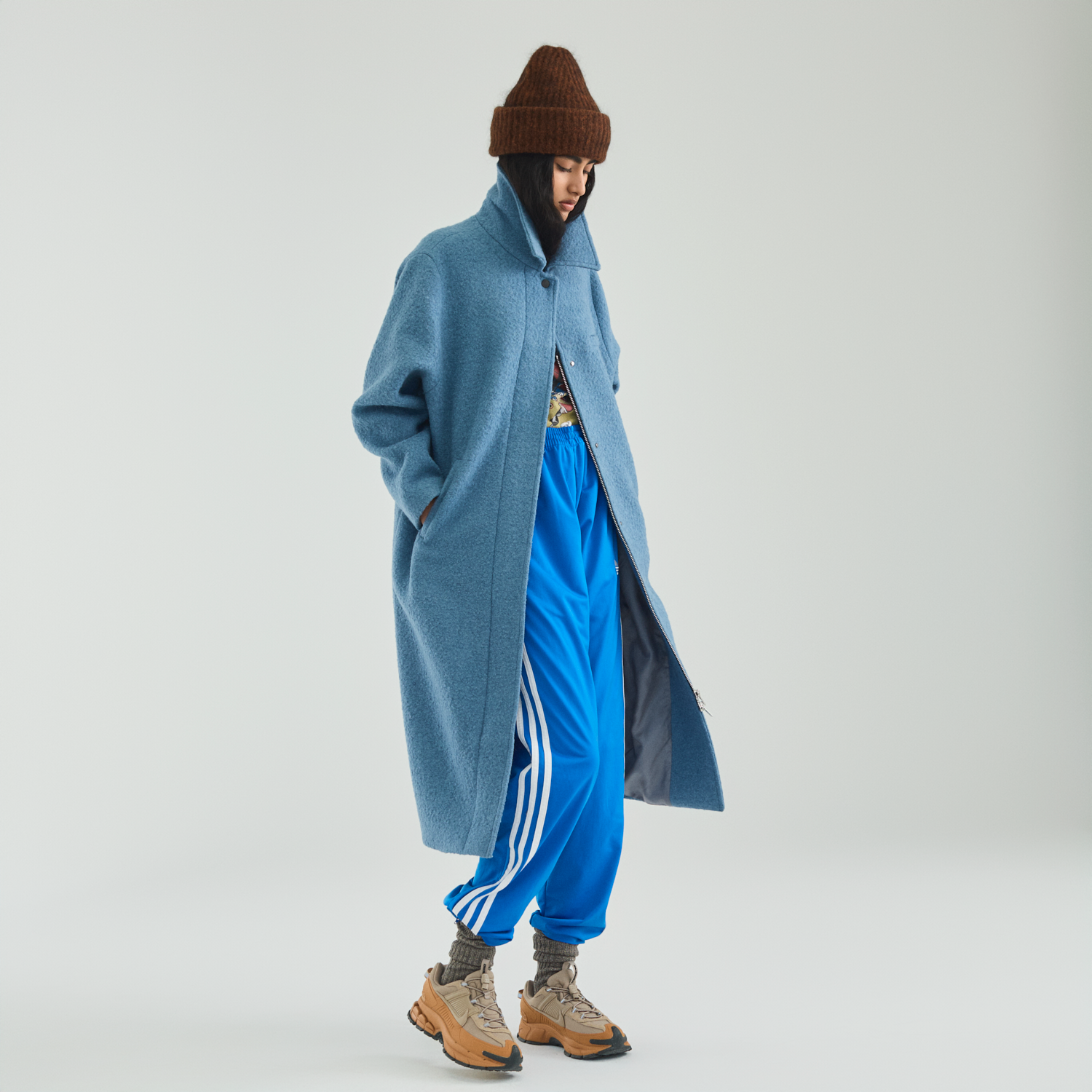 Collar Zip Curve Coat Med Blue