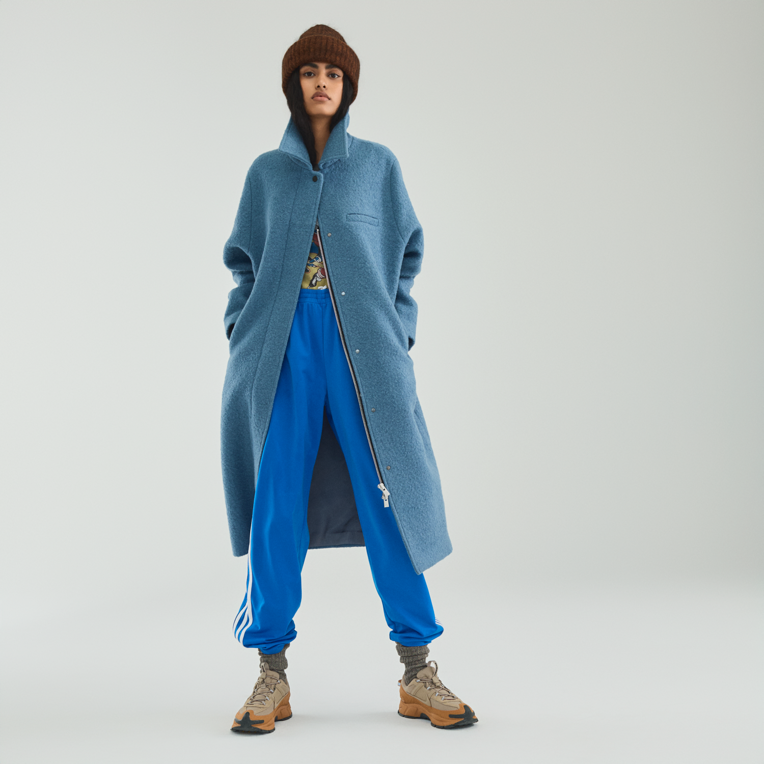 Collar Zip Curve Coat Med Blue