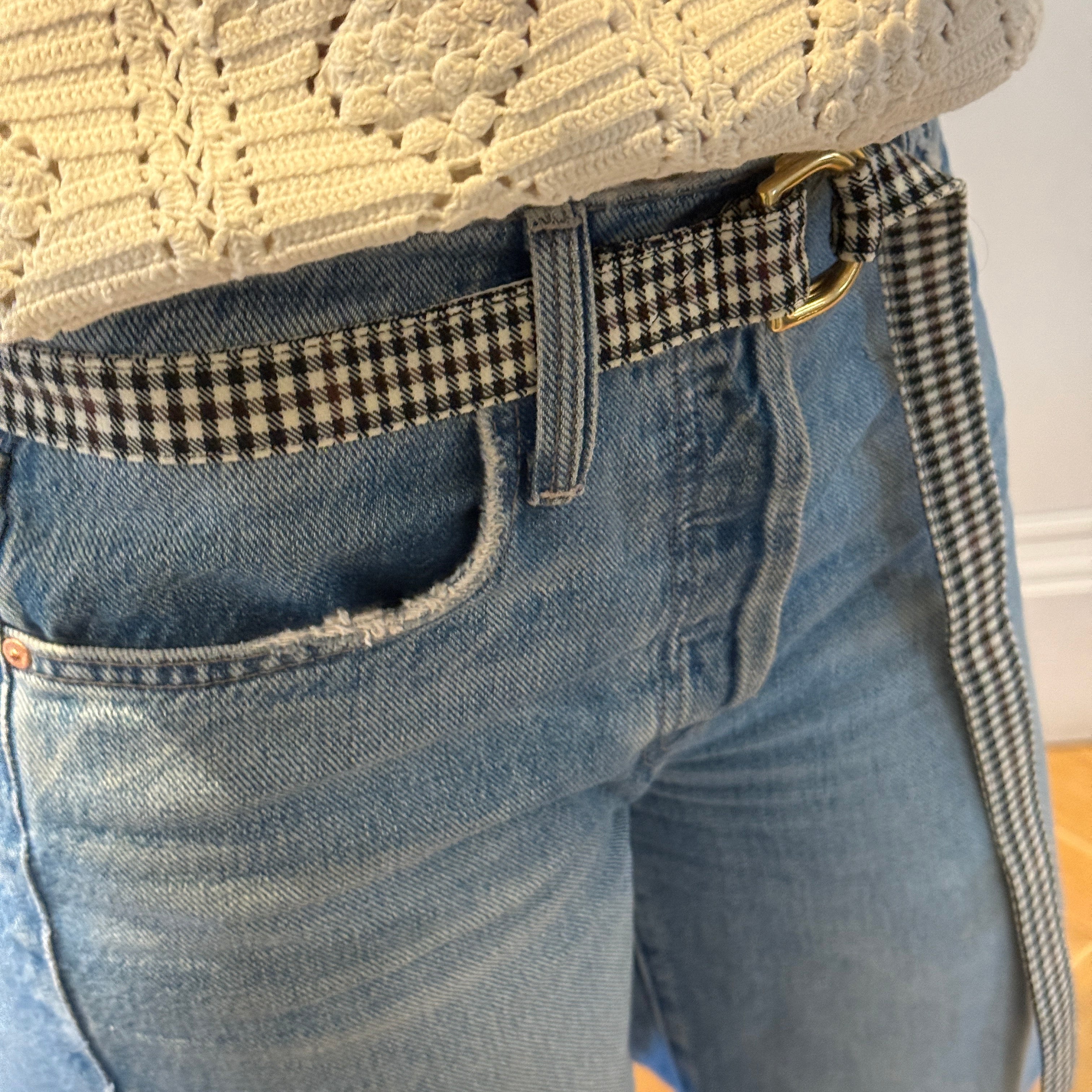 The Salvaged Belt in White & Tan Plaid